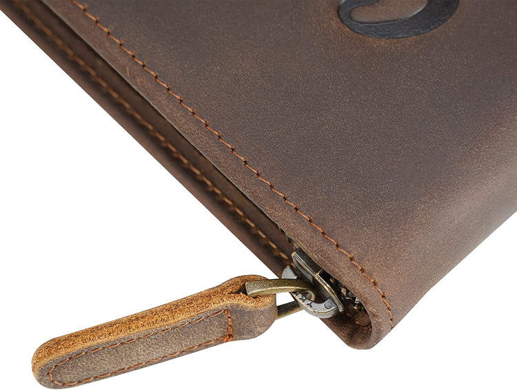 Brown cowhide leather passport wallet with a zipper