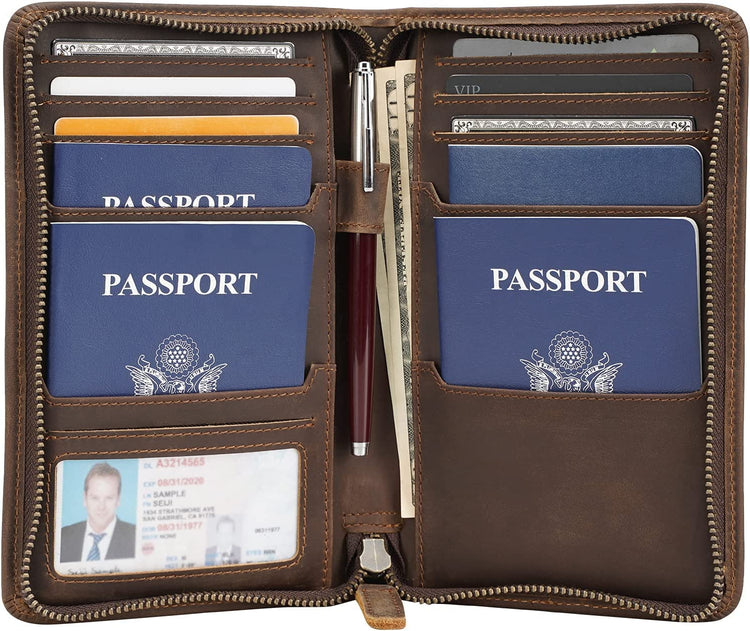 A brown RFID blocking cowhide leather multi-passport holder containing two passports and a credit card
