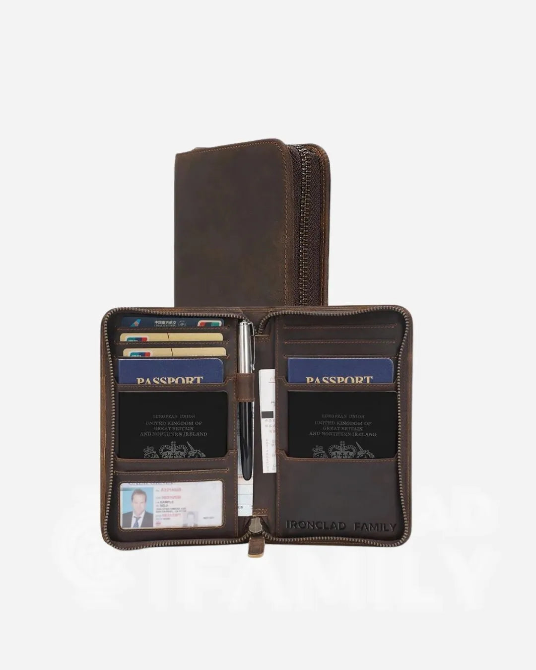 RFID blocking cowhide leather multi-passport holder with a passport and additional items inside