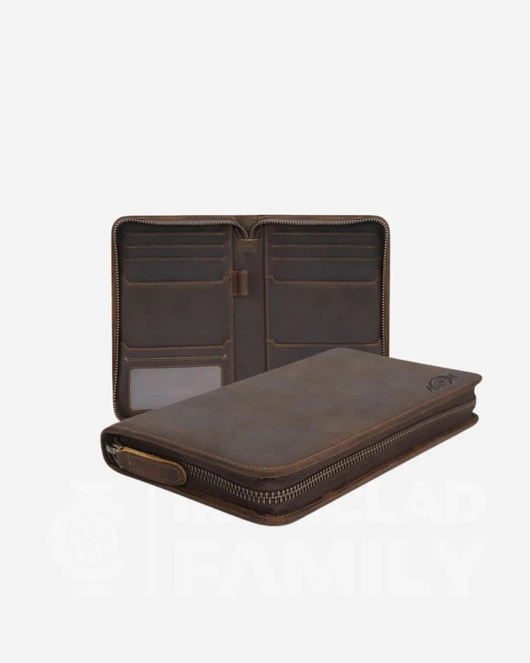 Two-compartment brown cowhide leather passport holder