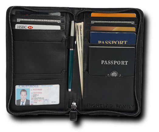 Black leather passport case with a pen and credit cards inside