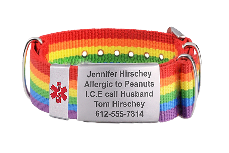 Rainbow colored fabric medical ID bracelet with personalized stainless steel tag