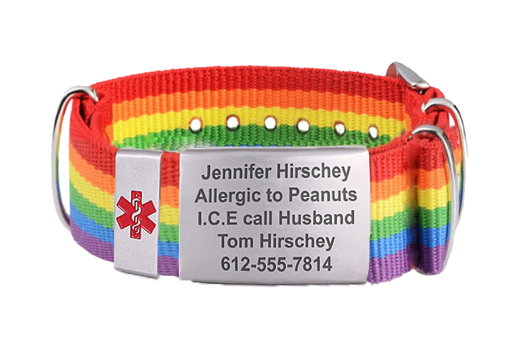 Rainbow colored fabric medical ID bracelet with personalized stainless steel tag