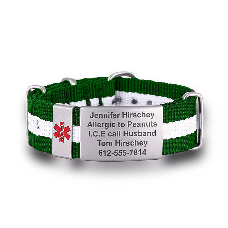 Green and white striped fabric medical ID bracelet with stainless steel tag