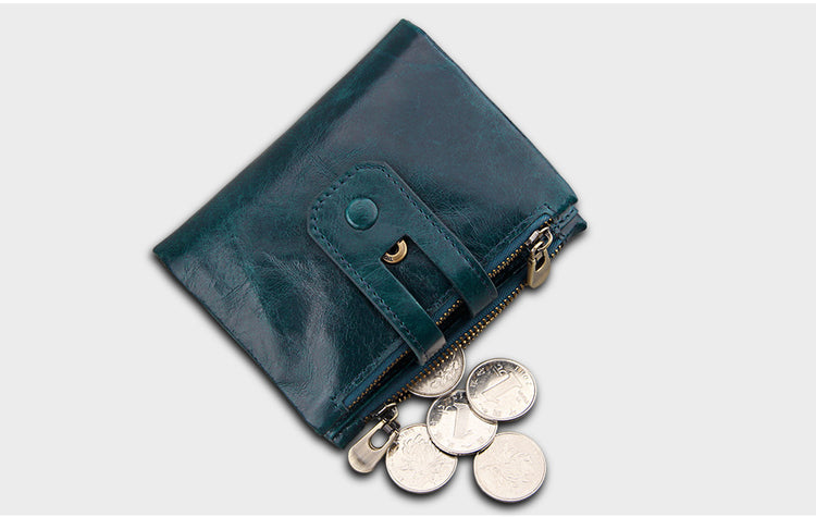 RFID shielded leather bifold zipper wallet with coin compartment