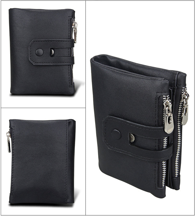 Four different angles of a black RFID shielded leather bifold zipper wallet