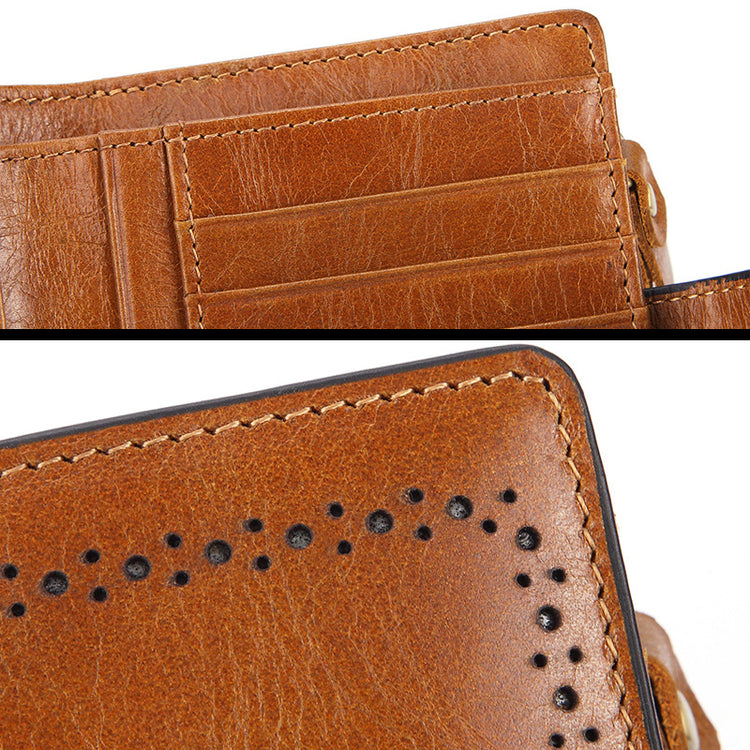 Dual images of a hole-detailed brown RFID blocking wallet