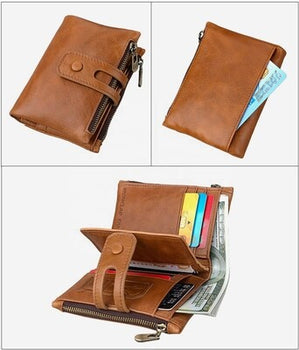 Quartet of images showcasing a brown RFID shielded leather bifold zipper wallet