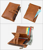 Quartet of images showcasing a brown RFID shielded leather bifold zipper wallet