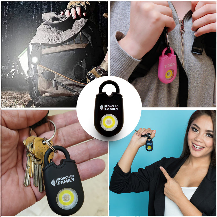 A collection of images showcasing various angles of the Personal Alarm Sound Pendant Keychain