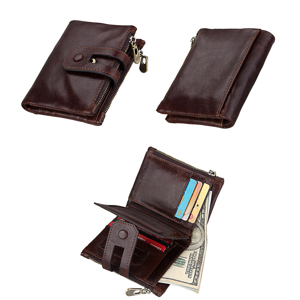Three variations of RFID shielded leather bifold zipper wallets with cash